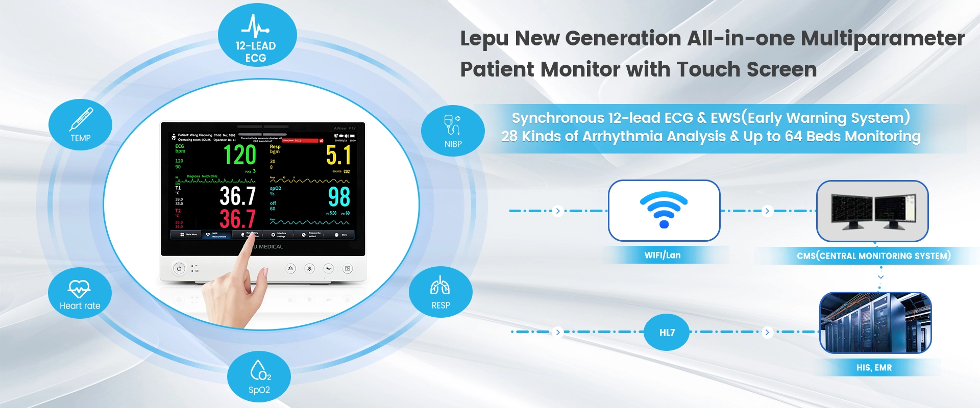 Lepu Medical AiView V12 Signes vitaux portables tout-en-un surveillant le diagnostic d'analyse de l'IA Moniteur patient multiparamètre avec écran tactile pour les soins intensifs de l'hôpital maison clinique